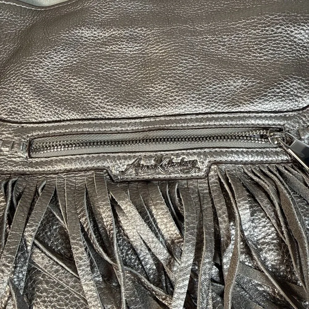 Aimee Kestenberg Fringed Silver Leather Boho Hobo Shoulder Bag Large Y2K